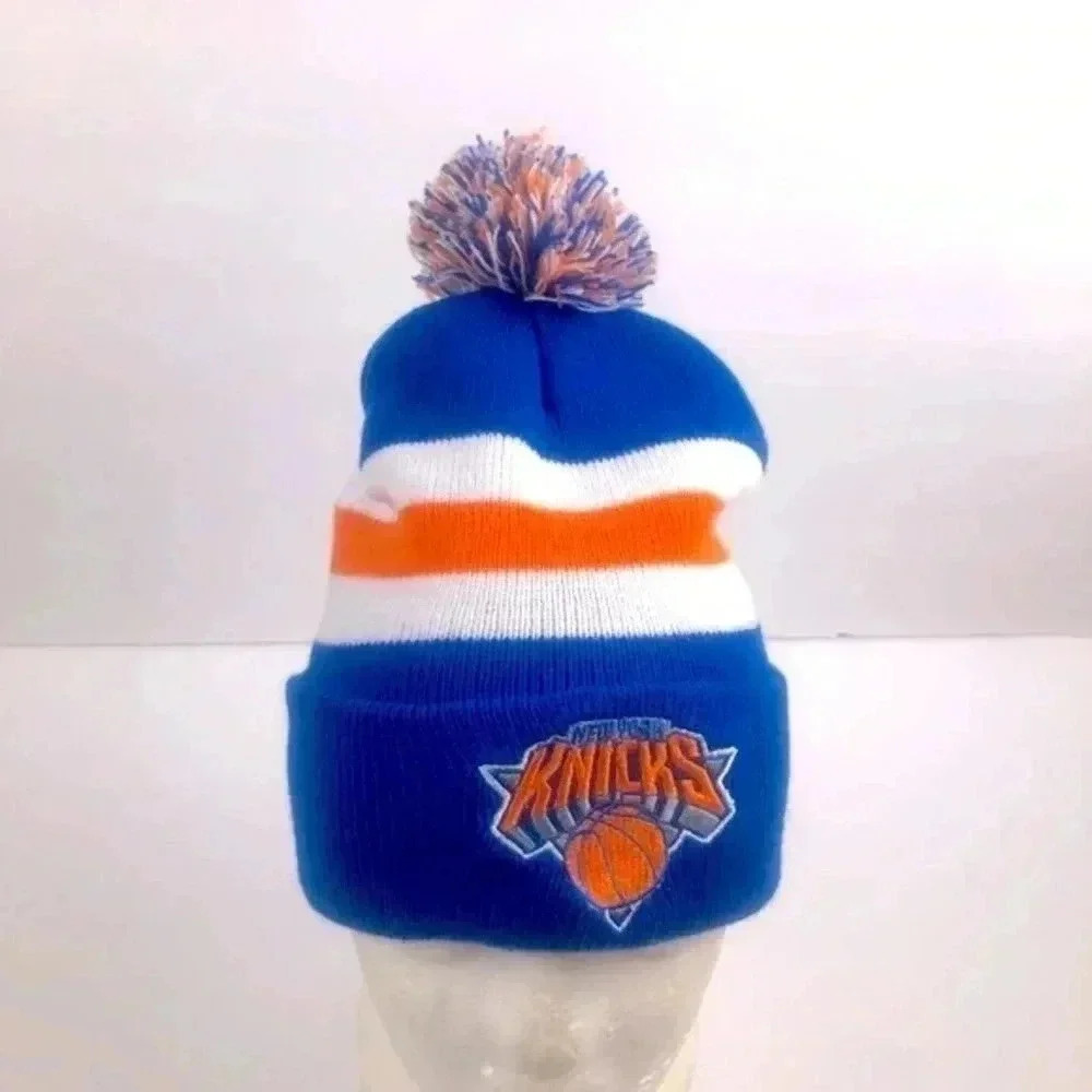 Nicks Blue/Orange/White Cuffed Pom Knit Cap/Beanie - Picture 2 of 5